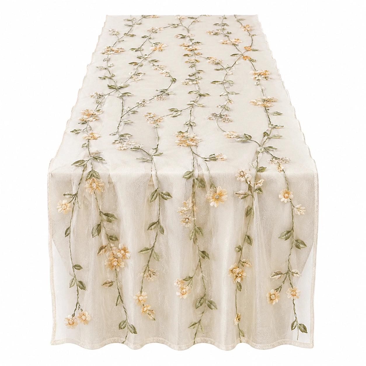 Chemin de Table Élegant Brodé Fleuri Beige et Vert
