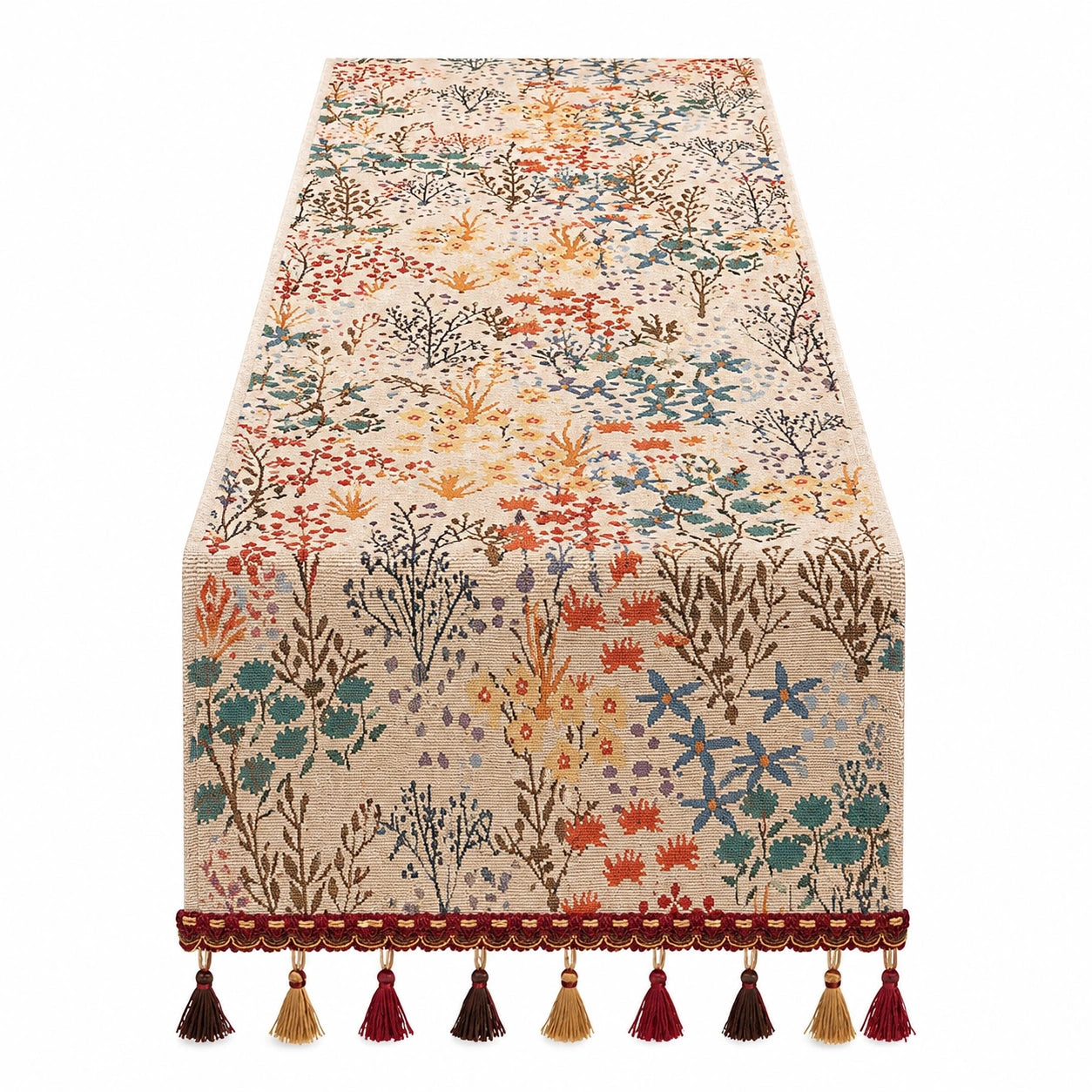 Chemin de Table Brodé à Motifs Floraux avec Pompons Multicolores 180x32 cm