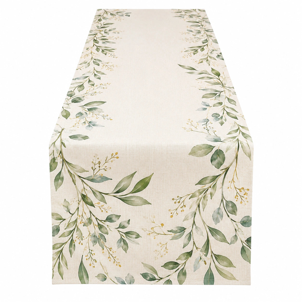 Chemin de table motif feuilles 180x33 cm beige et vert