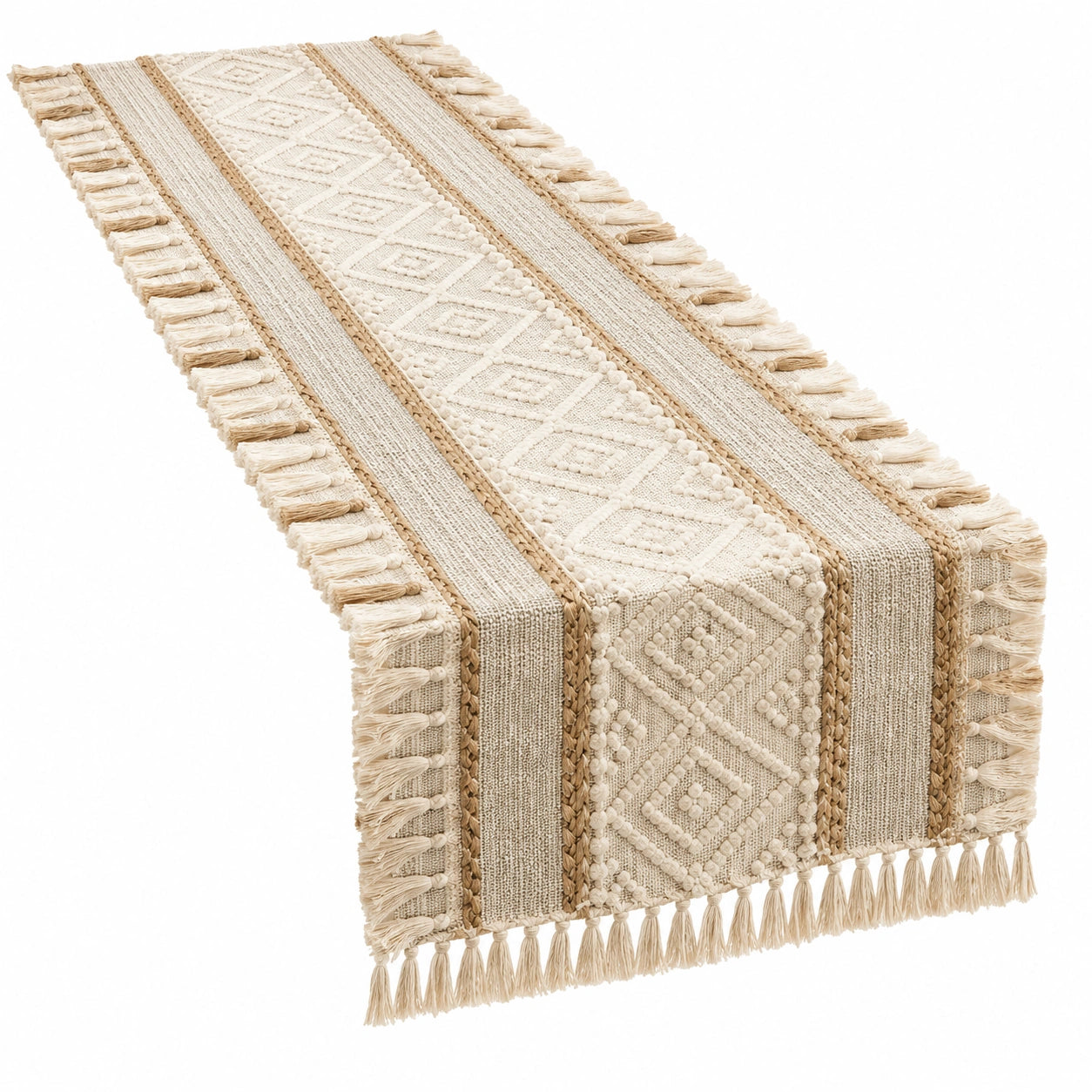 Chemin de Table Crème avec Motif Géométrique et Franges