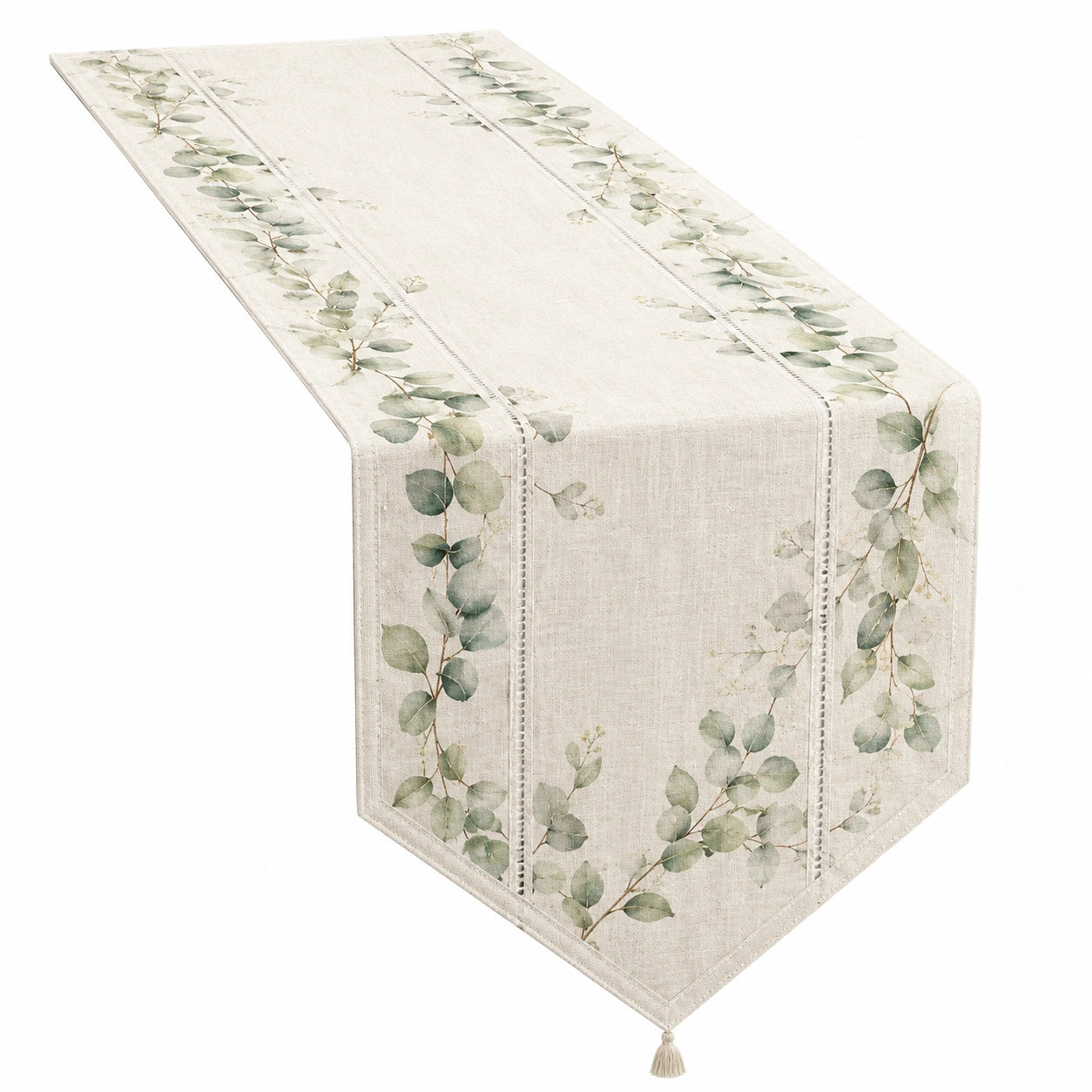Chemin de table avec motif de feuilles vertes et franges