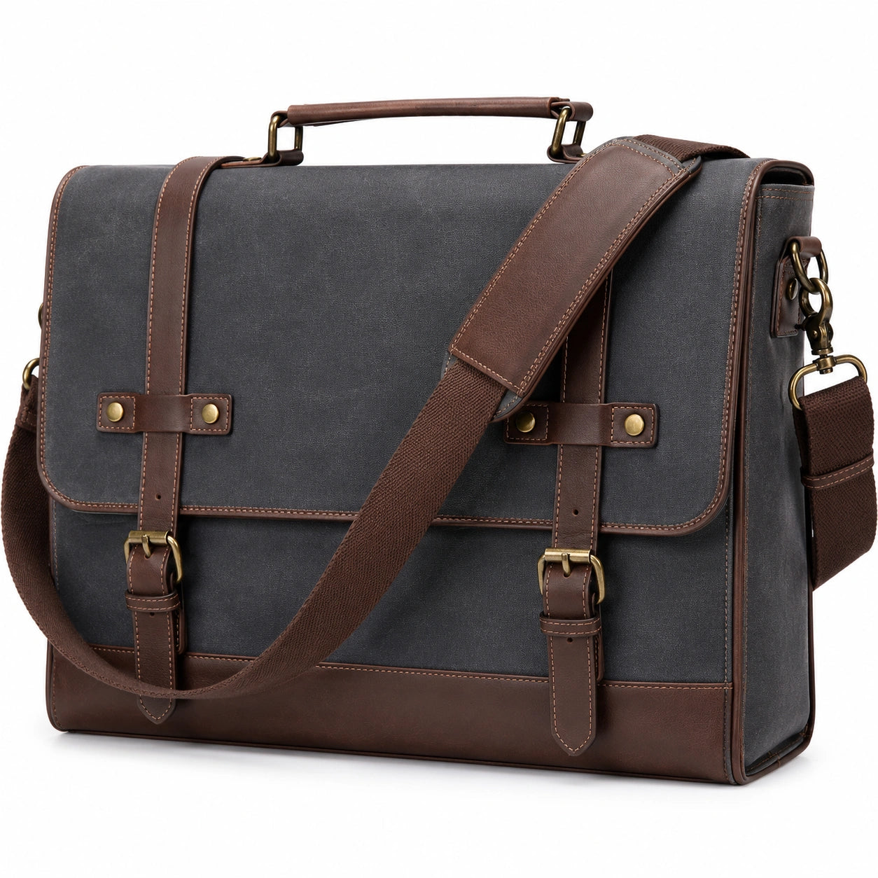 Sacoche Messenger Homme Toile et Cuir Gris/Marron