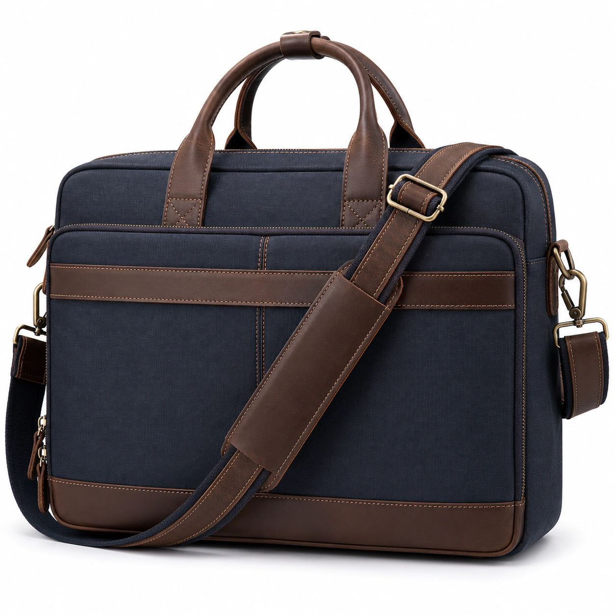 Sacoche pour ordinateur portable bleu marine et marron avec bandoulière amovible