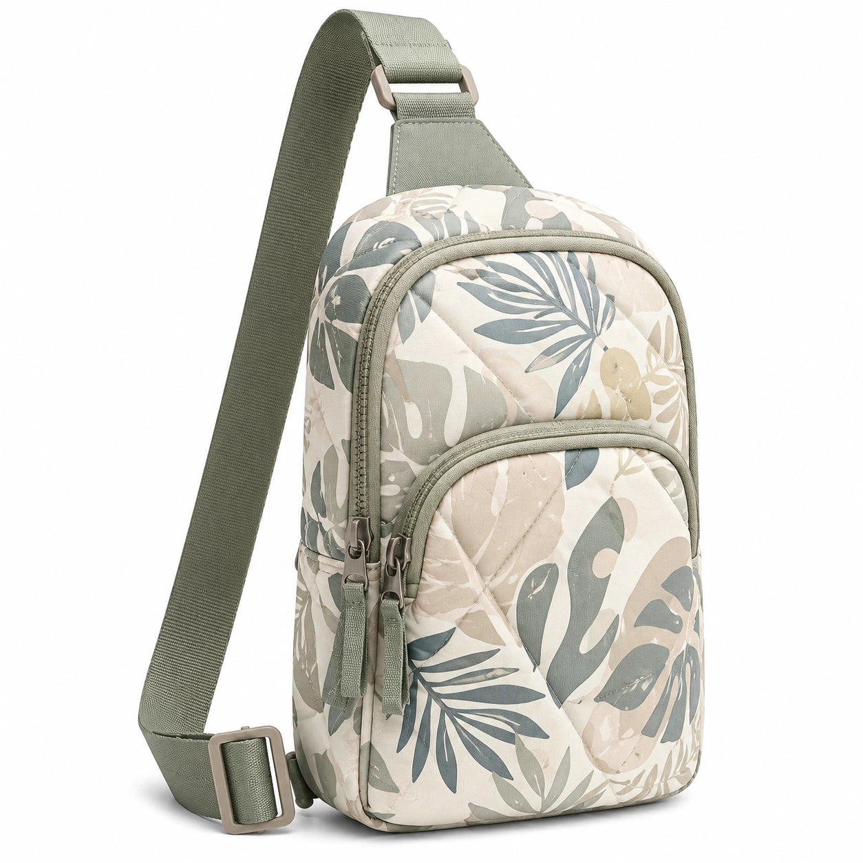 Sacoche Bandoulière Matelassée à Motif Feuilles Tropicales Vert/Beige