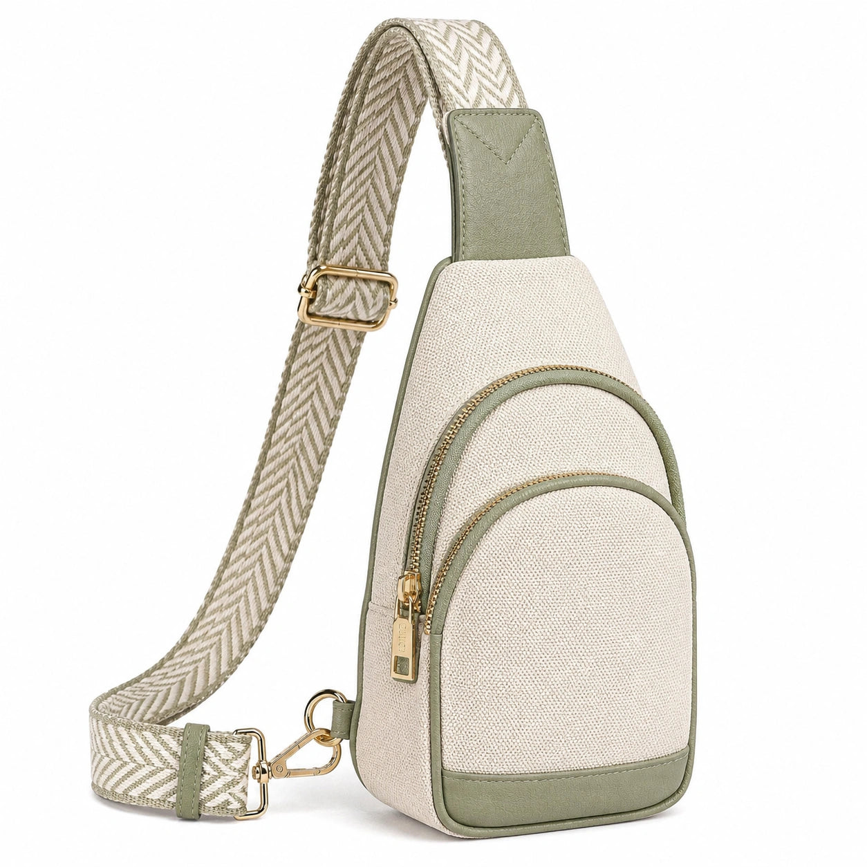 Sacoche bandoulière beige et verte à poches multiples