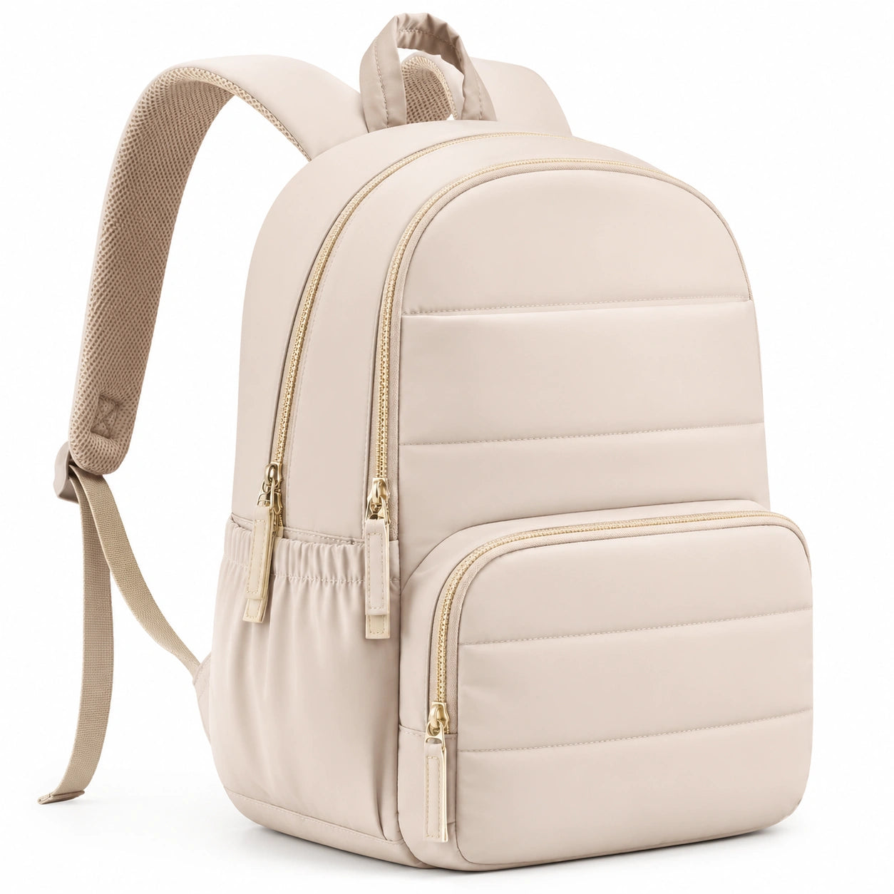 Sac à dos beige élégant avec poches multiples et fermeture éclair dorée