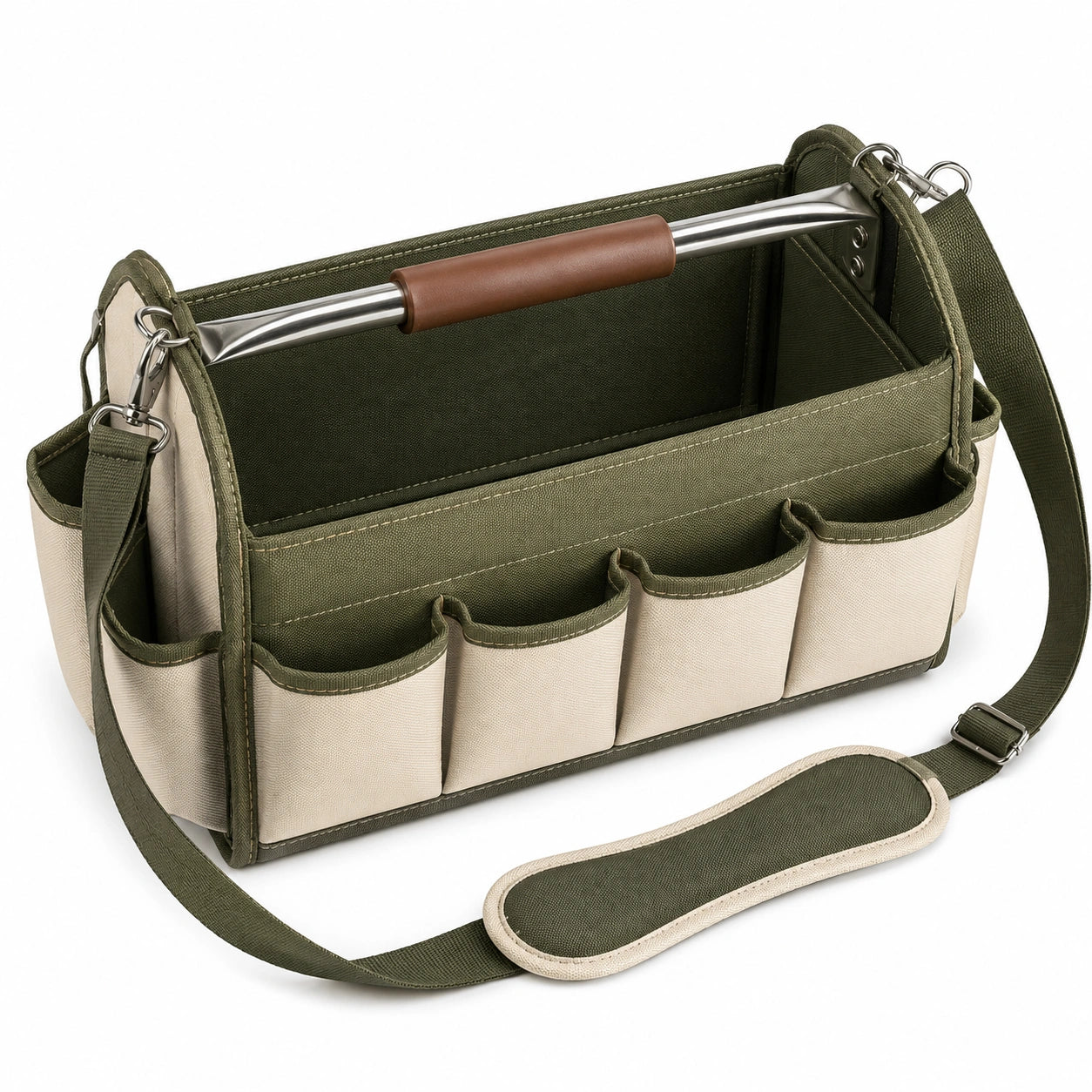 Sac à outils vert et beige avec poignée en métal et bandoulière ajustable