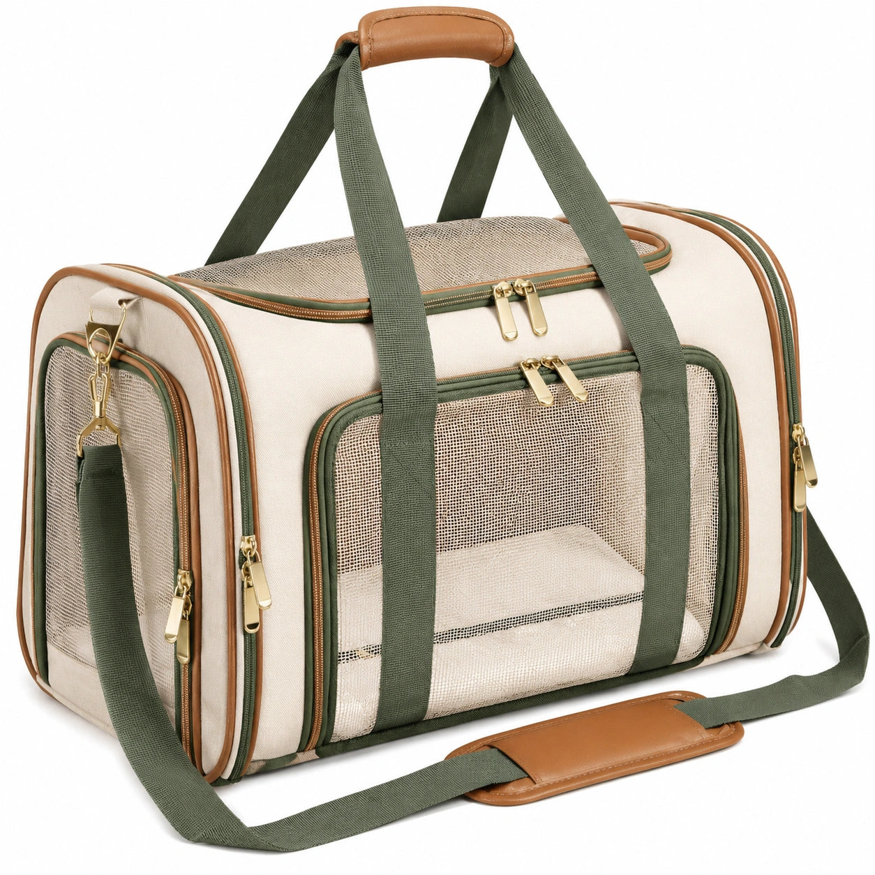 Sac de transport pour animaux beige et vert avec aération