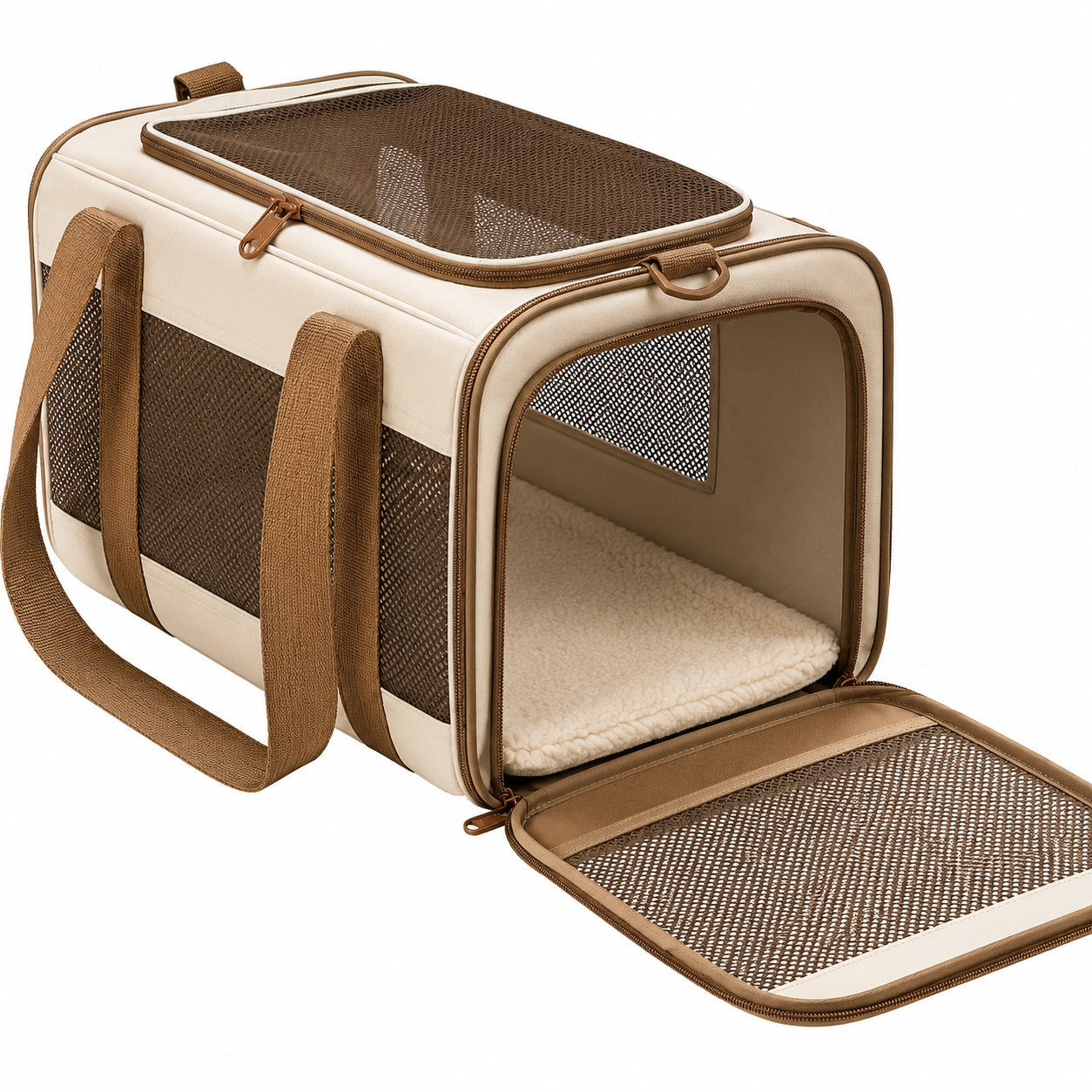 Sac de Transport pour Animaux Beige et Marron avec Fenêtres en Maille